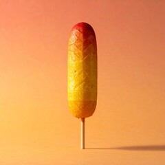 Corn dog on a stick with red and yellow batter