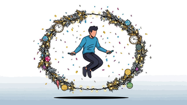 Illustration of a man skipping rope inside a festive New Year wreath with clocks and confetti on white background, concept for setting resolutions, health goals and holiday promotions