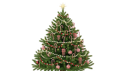 Fototapeta premium Garland and Candy Cane Adorned Pine Tree on White Background Copy Space View