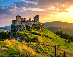 Obraz premium Ancient castle ruins atop a green hill bathed in golden sunlight