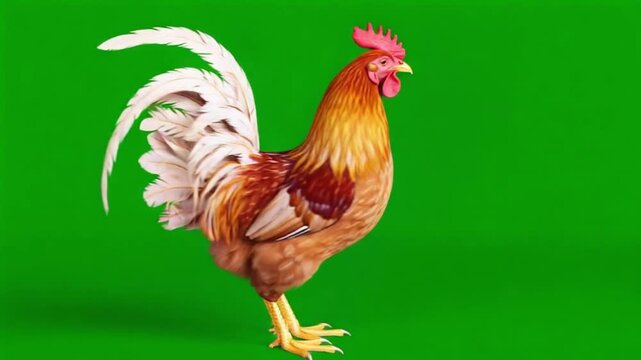 A rooster standing on a green screen with brown and white feathers and a red comb on its head chicken green screen video