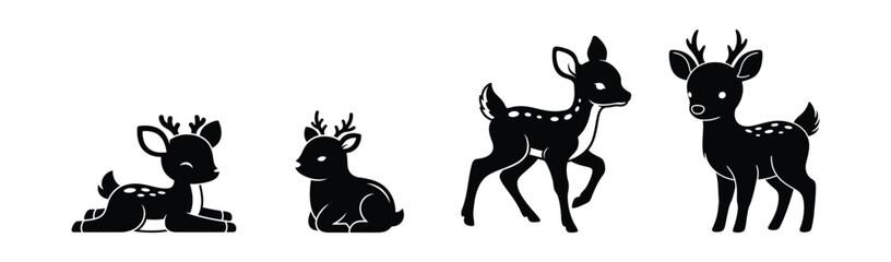 Charming Black Deer Icons Fawn and Young Buck Silhouette Vector Set