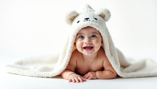 Happy baby wearing a bear hooded towel lies on white background. Baby smiles, laughs, rests on stomach. Cute infant enjoys bath time, shows joy.