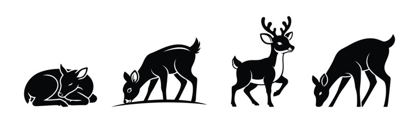 Obraz premium Four Silhouette Deer Poses Sleeping, Grazing, Standing, and Eating
