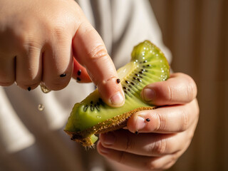 Toddler's dimpled hand holding and exploring slice of bright green kiwi  
