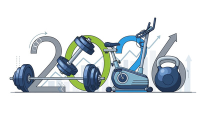 Stylized 2026 design using barbell, dumbbell, exercise bike and kettlebell on white background, showing progress graphs, concept for gym marketing, annual health reports and fitness trend forecasts