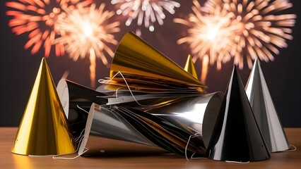 Celebratory party hats on table with fireworks display background