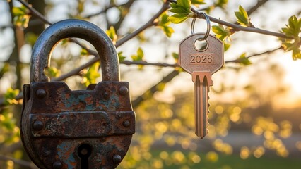 Close up of padlock and key hanging on a branch with sunlight bokeh
