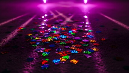 Colorful confetti illuminated with vibrant stage lighting abstract background