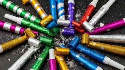 Colorful party blowers arranged for festive celebrations and visual themes