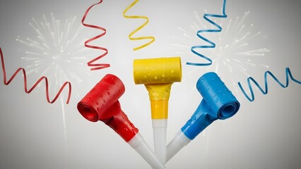 Colorful party horns and streamers against a neutral background for celebrations