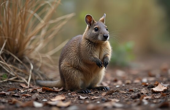 Small potoroo stands on forest floor in dry leaves, grass. This rare marsupial native to Australia has rodent like features, small ears, soft brown fur. Wildlife conservation needs attention.