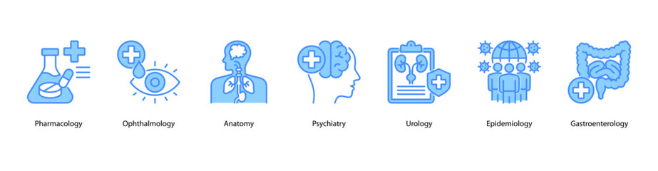 Obraz premium Medical Disciplines web banner illustration featuring Pharmacology, Ophthalmology, Anatomy, Psychiatry, Urology, Epidemiology, and Gastroenterology.