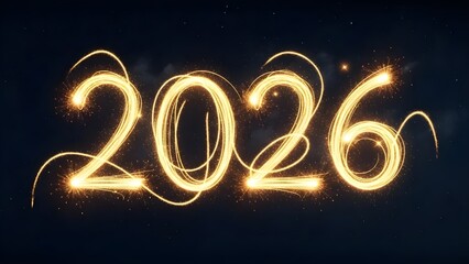 Glowing 2026 typography abstract golden light text against dark background
