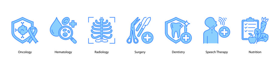 Clinical Treatment and Diagnosis web banner illustration featuring Oncology, Hematology, Radiology, Surgery, Dentistry, Speech Therapy, and Nutrition.