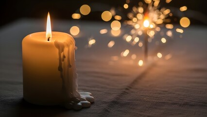 Lit candle with sparks in soft focus creating warm and festive atmosphere