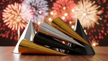 Metallic cones displayed on a wooden surface with fireworks in the background