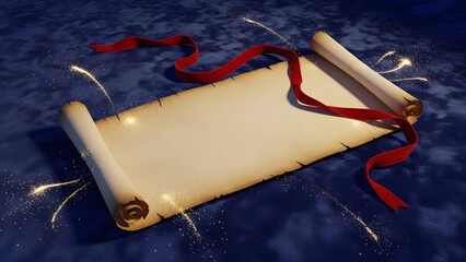 Vintage scroll with red ribbon on blue background with sparkling lights