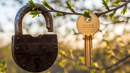 Unlocking the future vintage padlock and key hanging on a tree branch