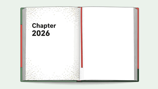 Vector open book showing "Chapter 2026" text, golden glitter accents on white pages and a red bookmark, concept for new year resolution, academic planning and personal journaling