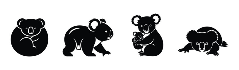Set of four koala icons in different poses on a white background