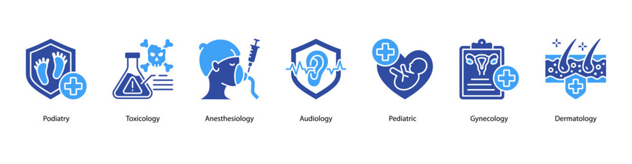 Clinical Specialties web banner illustration featuring Podiatry, Toxicology, Anesthesiology, Audiology, Pediatric, Gynecology, and Dermatology.