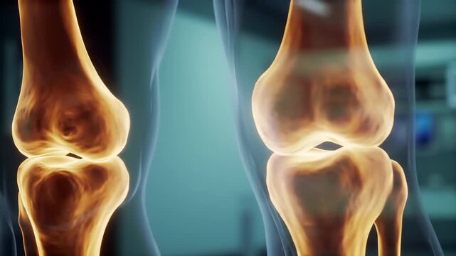 Detailed anatomical illustration of knee joints on a teal background, showcasing bone structure, skeletal system for medical purpose.