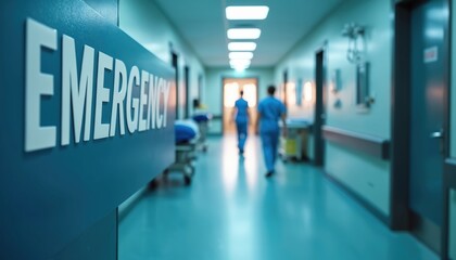 Obraz premium Hospital emergency room corridor with nurses walking. Medical equipment, gurneys line hallway. Blue toned interior feels clean, modern. Signage indicates emergency department access. Focus on