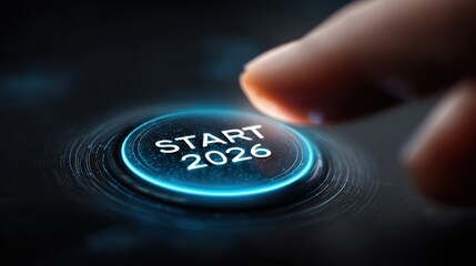 Initiating the Future: A finger presses a luminous START 2026 button, heralding a new era of possibilities and technological advancement.