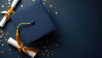 Dark blue graduation cap with gold tassel rests near rolled diplomas tied with gold ribbon. Scattered gold confetti adds festive flair to dark background. Ideal for graduation invitations,