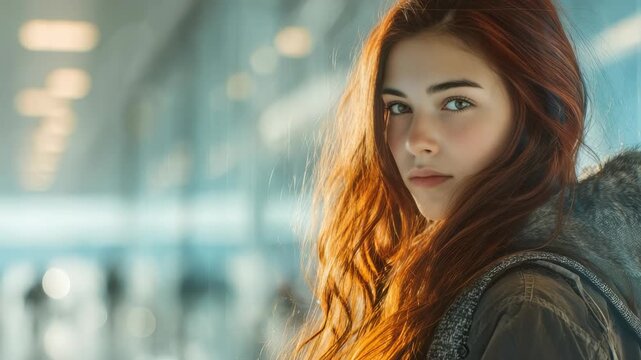 Portrait of a stylish red haired woman in a casual jacket, gazing confidently in a contemporary indoor setting. Warm sunlight enhances her natural beauty and creates a fashionable, vibrant mood