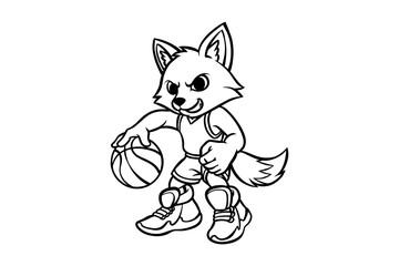 lineart illustration of a fox playing basketball