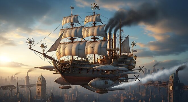 Steampunk Airship Flying Over a Futuristic Cityscape at Sunset.
