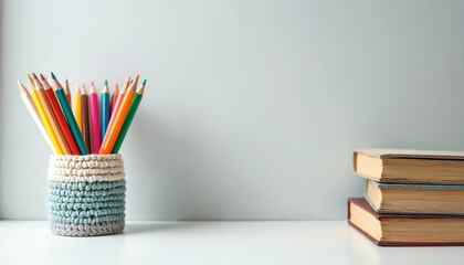 Colored pencils in a holder sit on a white desk next to stacked old books. A clean background provides ample copy space for text overlays and designs.