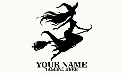 illustration vector of a female witch ride broom. witch hat vector logo design