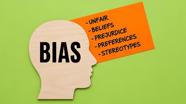 Wooden head cutout labeled bias with concepts on orange sticky note background