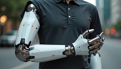 Futuristic robotic arm attached to man in black shirt. Advanced cybernetic limb with metallic fingers. High tech design blends with human form. Future of prosthetics and automation.