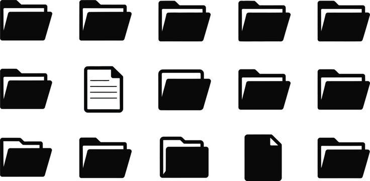 File folder icon set, flat vector design, open and closed folder symbols, minimal UI UX elements, isolated on white.