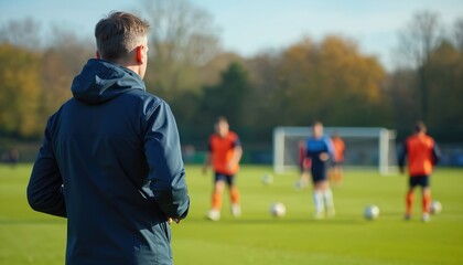 Coach watches football players practice drills on field. Instructor leads team sport training session outdoors. Athletes learn tactics, improve skills for game.