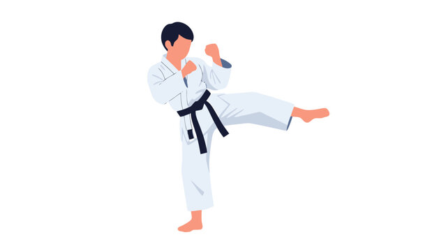 Martial arts practitioner performing a high kick in a clean white uniform