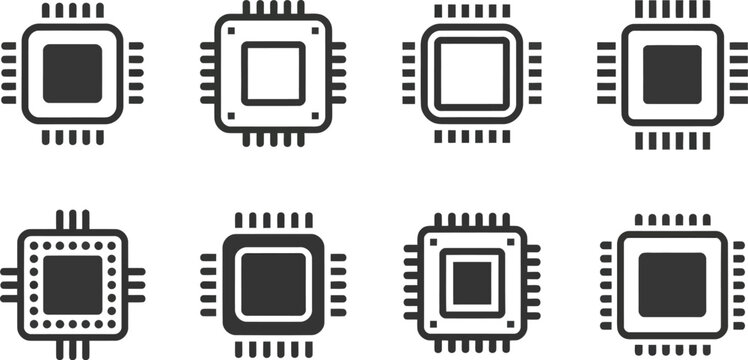 Microchip processor icon set, flat vector technology symbols, modern electronics concept, minimal outline design, isolated on white.
