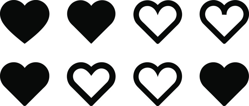 Heart like and favorite icon set, flat vector style, solid and outline shapes, social media UI symbols, isolated on white background.