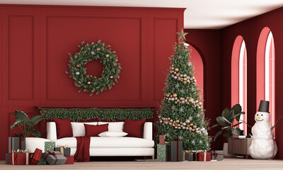 Red themed Christmas interior with a tall decorated tree, wreath wall decor, modern sofa, snowman accent, and wrapped gifts, expressing joyful and cozy holiday vibes. 3d rendering.