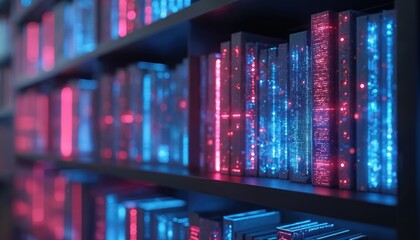 Futuristic bookshelf with glowing digital books. Neon lights illuminate holographic volumes in a modern library setting. Cyberpunk or sci-fi interior design.