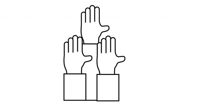 Three hands raised two at base one above sleevelike structures extend from base Line art