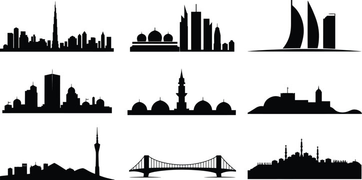 Dubai cityscape silhouettes detailed black vector image of famous world architectural landmarks