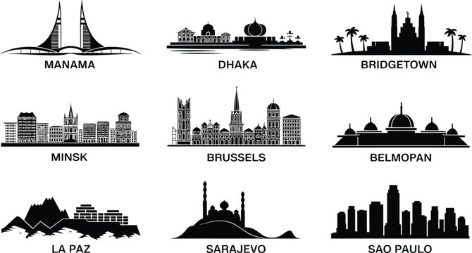 Set of city skylines silhouettes of manama dhaka bridgetown minsk brussels belmopan la paz