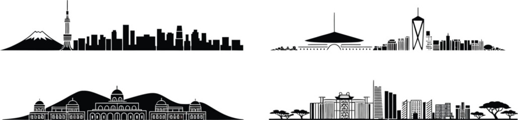Naklejka premium Silhouettes of tokyo jakarta kuala lumpur kathmandu city skylines isolated set