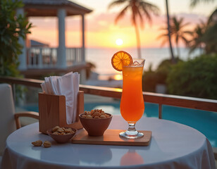 Orange cocktail with orange slice on table, sea sunset backdrop. Tropical resort balcony, pool, palm trees. Nuts and napkins served with drink.