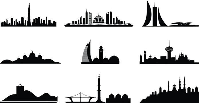 Silhouettes of dubai alger algiers doha city skylines on transparent backdrop